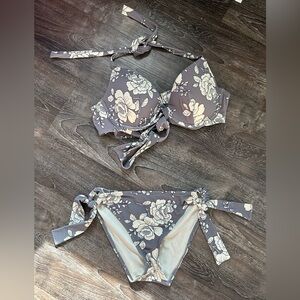 Floral Bikini Set in Gray and Cream